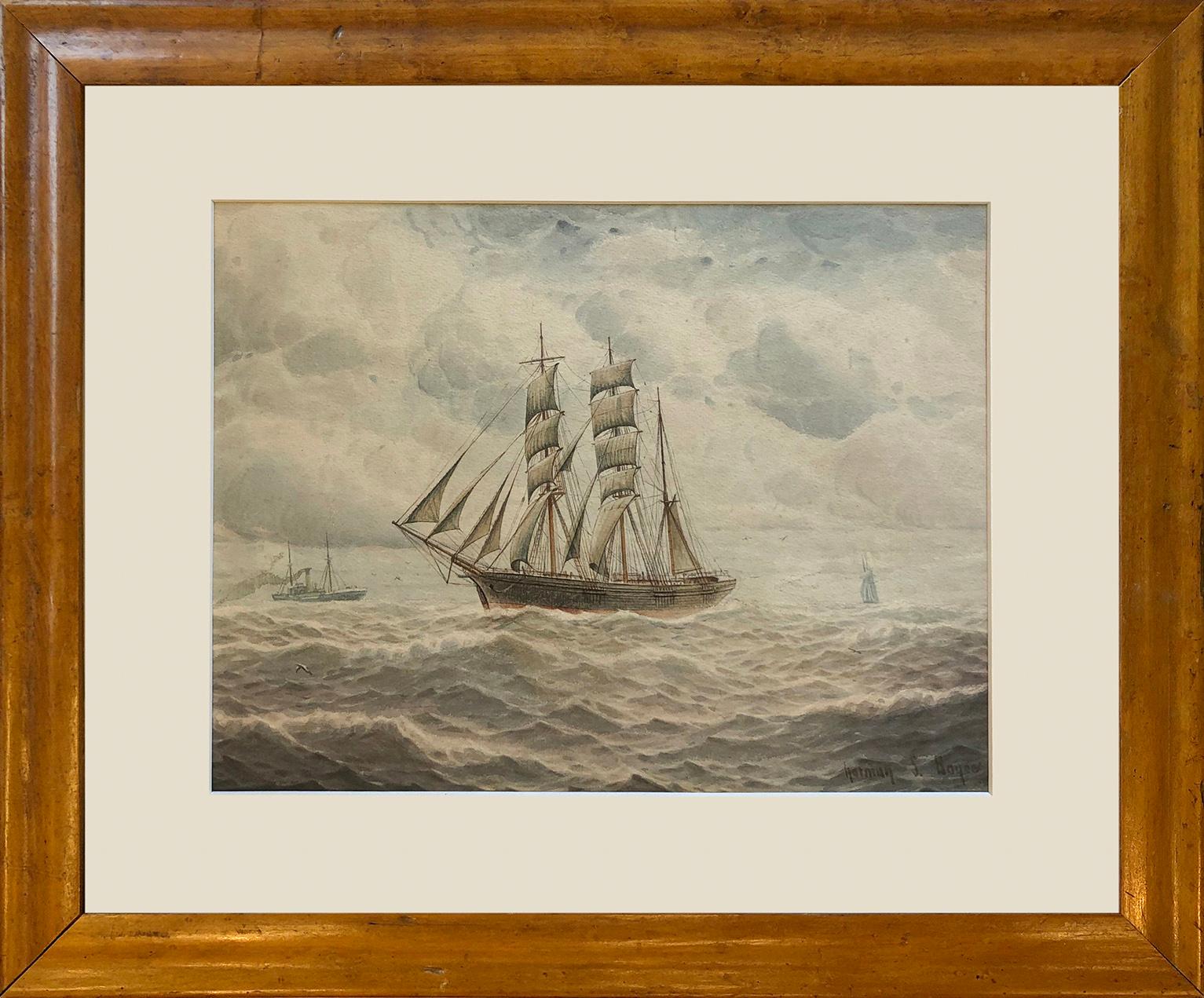 Artist: Norman Septimus Boyce (British 1895-1962)
Title: Ships at Sea
Medium: Watercolour on paper
Framed Size: Height 40 cm x Width 48 cm x Depth 2.3 cm
Image Size: Height 23.5 cm x Width 31.5 cm
Condition: The painting is in a good condition, with