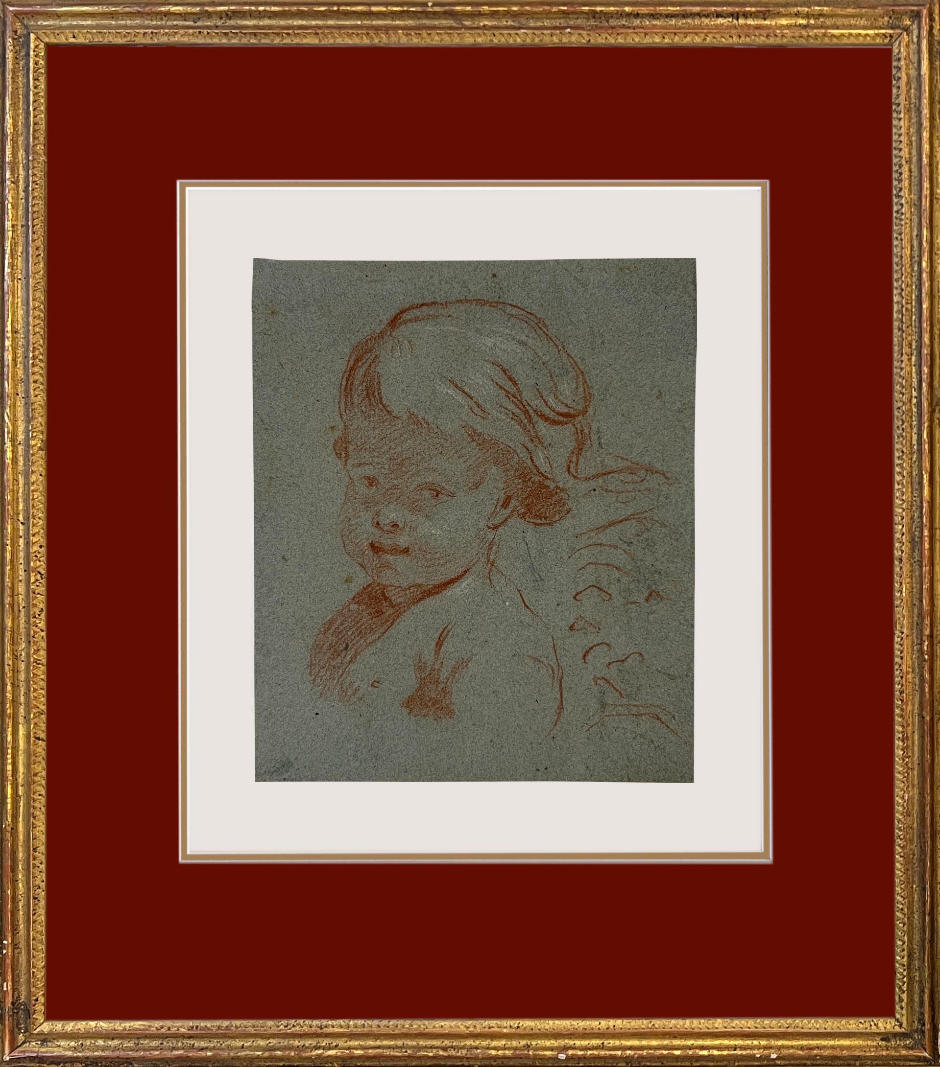 Cercle de François Boucher (français 1703 - 1770), Étude d'enfant.
Cette charmante œuvre est probablement une étude pour un tableau. Elle représente un enfant avec une bande de tissu gonflant sur la tête et le dos. Il s'agit d'une composition que