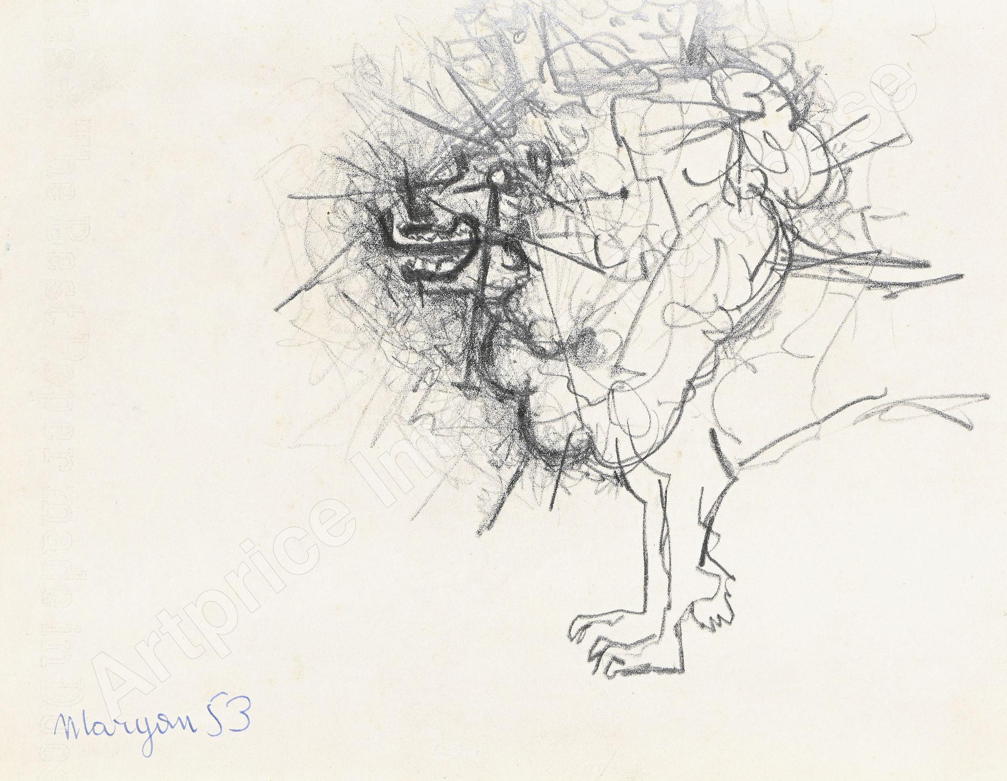 Pinchas Maryan Animal Art - TETE DE LION MARYAN UNIQUE PIECE DRAWING PARIS SIGNED 