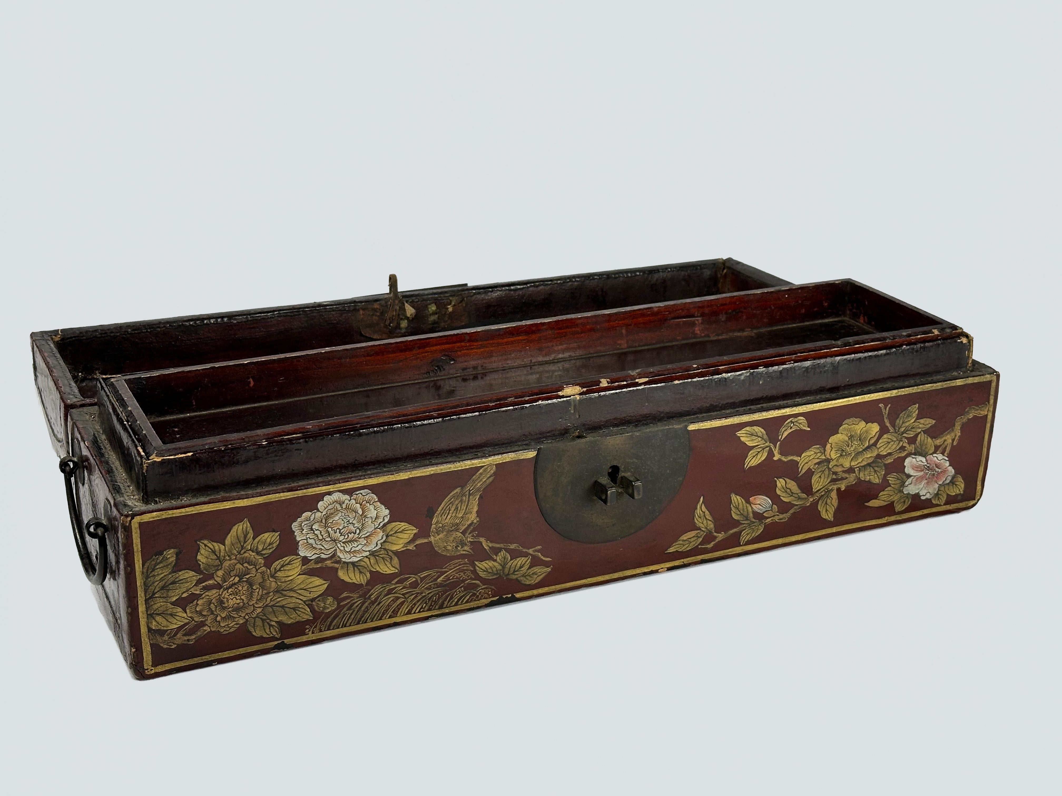 Chinese Jewelry Box

c. 19th century
Handpainted wood, metal escutcheon and hardware
6.25 x 6 x 22 inches

Hinges work, lidded box is functional and in excellent condition




