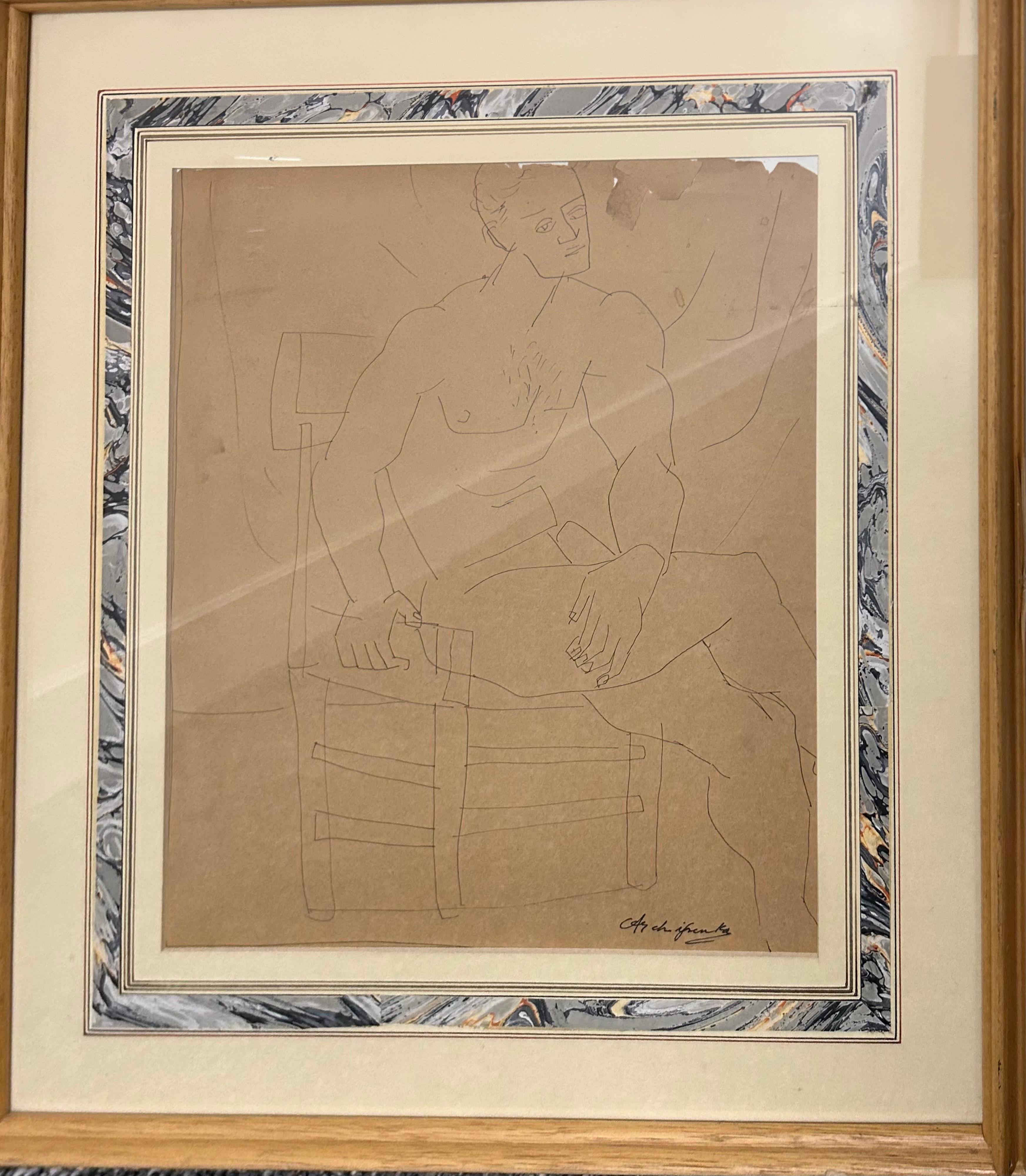 Alexander Archipenko is known for his elegant figurative works. A pair of drawings of a man and woman have the strong, beautiful lines Archipenko mastered.

Graphite on brown paper.

Matted and framed.

Female seated figure image size 13 “H x