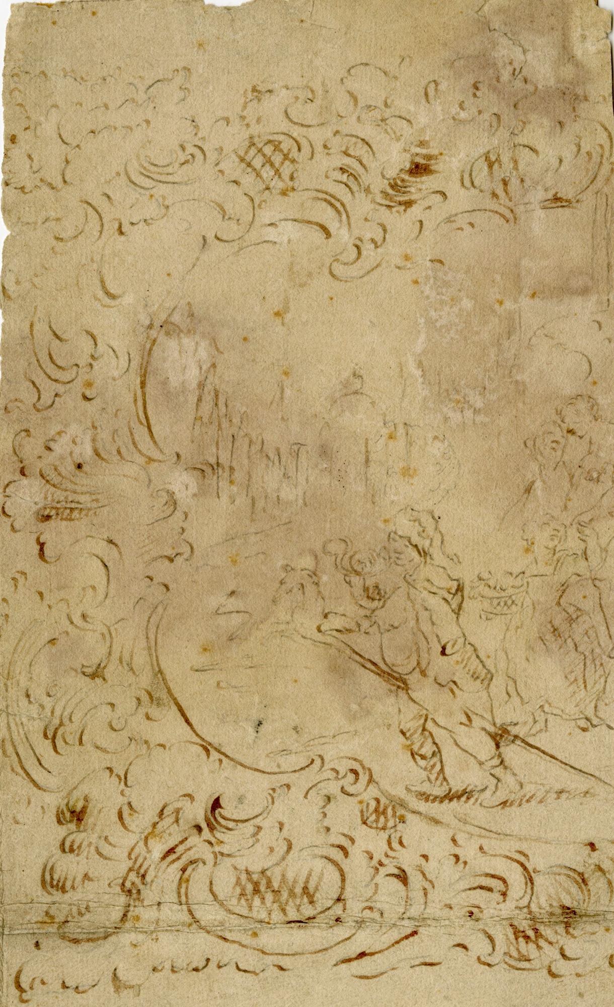 Entwurf für ein Theaterfresko mit ausgefallener Gipsarbeit – frühes französisches S-Stil des 18. Jahrhunderts