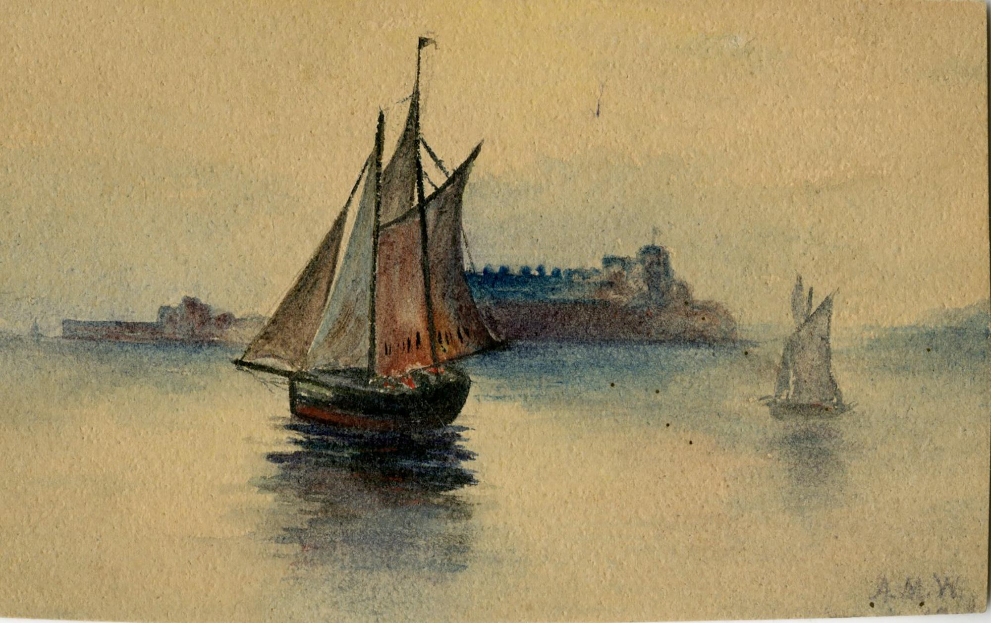 Anna May Walling Landscape Art - Schooners along the Hudson, West Point Academy in the distance.