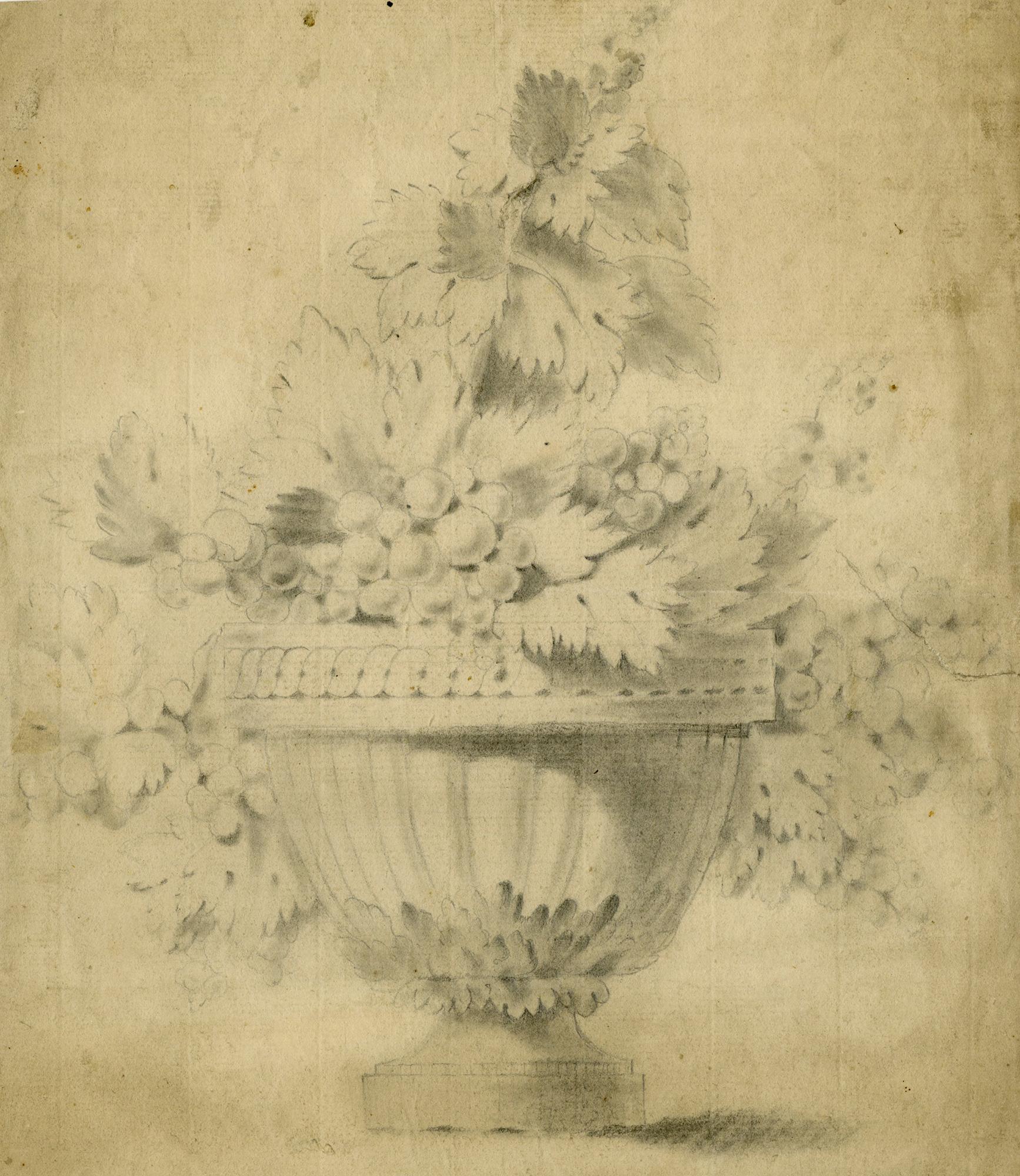 Unknown Figurative Art - Still life with ornamental urn, grapes and flora - French School 17 Cent.