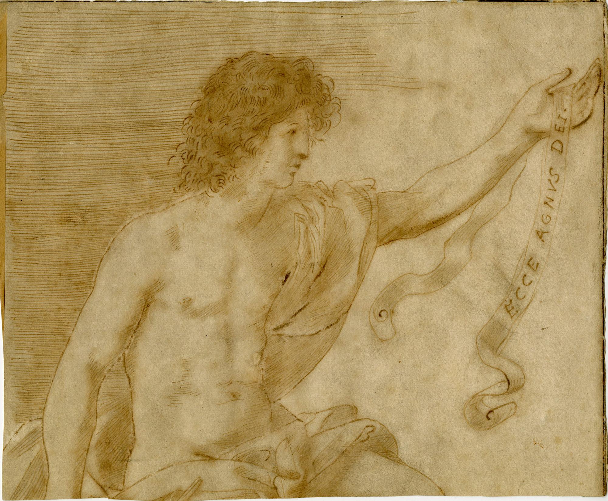 Giovanni Francesco Barbieri (Il Guercino) Portrait – St. John the Baptist in der Wildnis , Ecce Agnus Dei (Gehäckstück des Gottes Lamms)