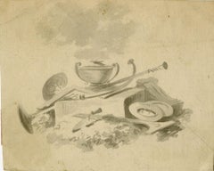 Still life with a Herald's trumpet, a Neoclassical urn, a Mason's square, .....