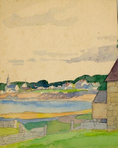 Chapel and houses along a lake, New England Landscape - American School, 19th C