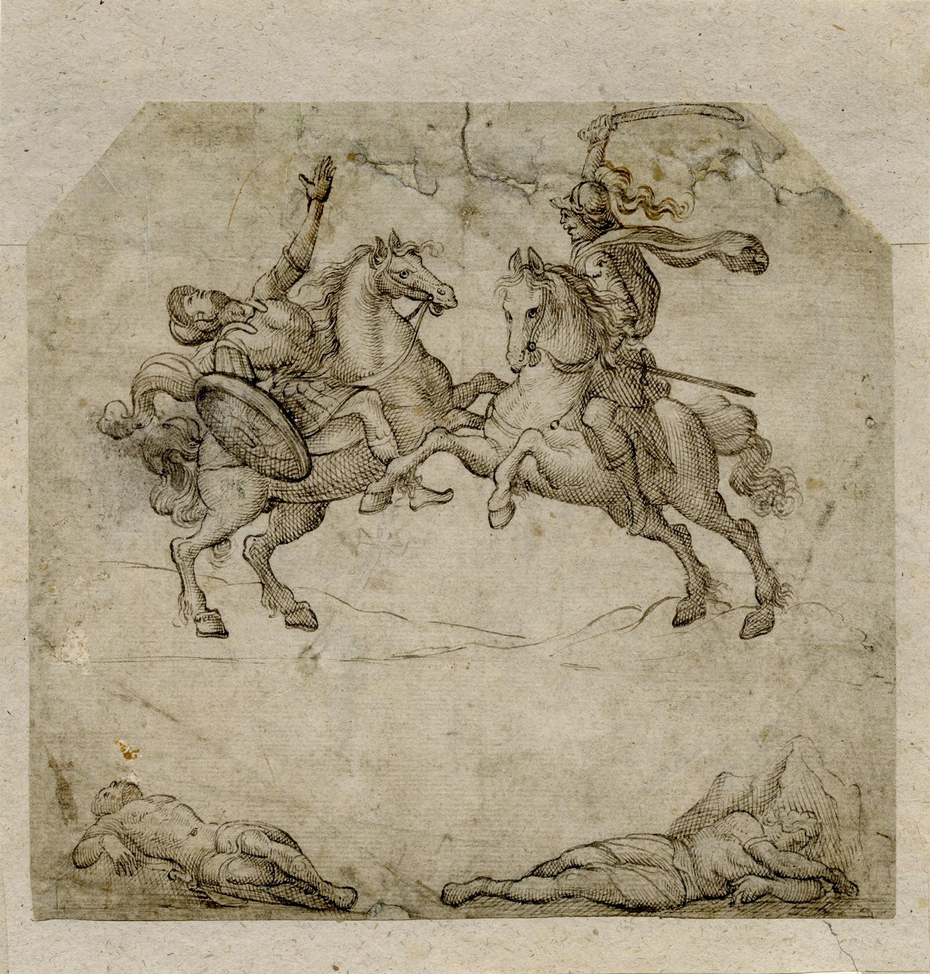 Virgil Solis Figurative Art - Mythological combat scene with Roman soldiers on horseback.