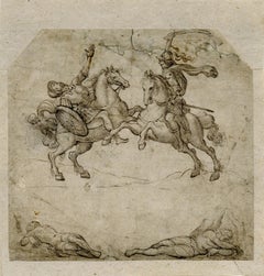 Antique Mythological combat scene with Roman soldiers on horseback.
