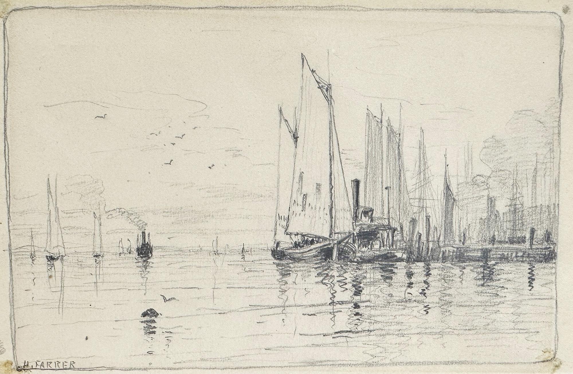 Henry Farrer Figurative Art - Ships in New York Harbor