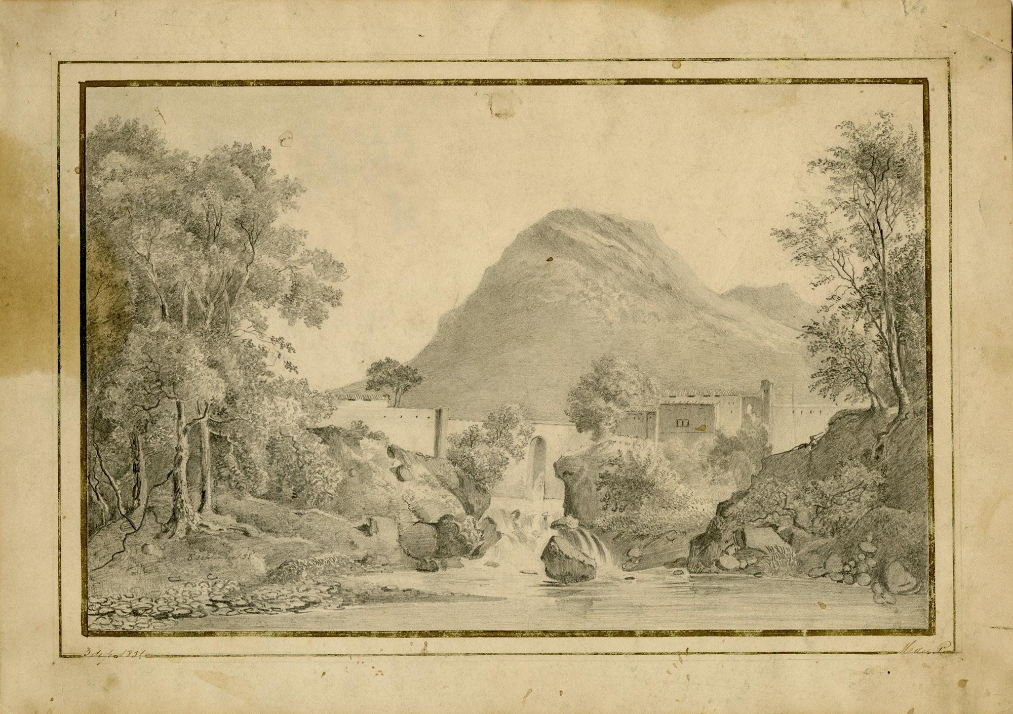 Mountain landscape with an aqueduct and dam - FRENCH SCHOOL - Art by Unknown
