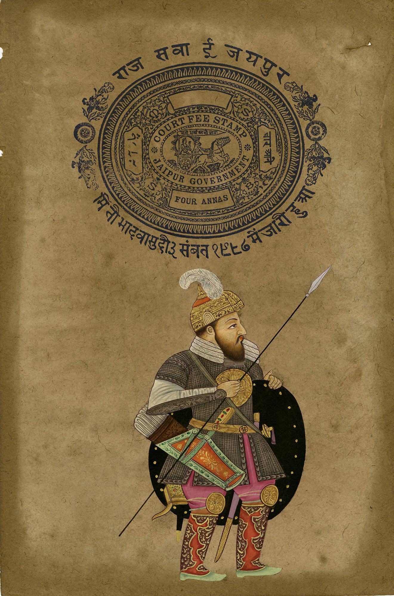Unknown Portrait – Shah Jahan in einem Hemd aus Post und einer Wappenplatte aus Rüstung.  Rajasthani-Schule, 19. Jahrhundert.