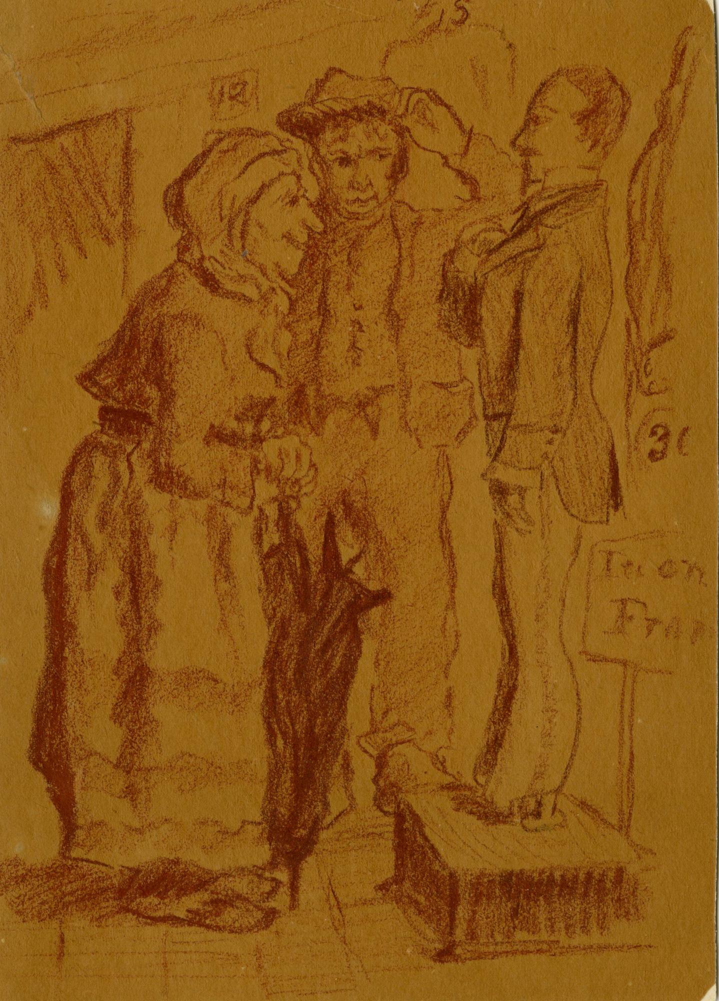 Portrait Unknown - Couple rural examinant un stand de carnaval itinérant - École française, XIXe siècle.