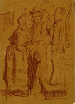Pareja rural examinando una exhibición de carnaval ambulante - Escuela Francesa, s. XIX.
