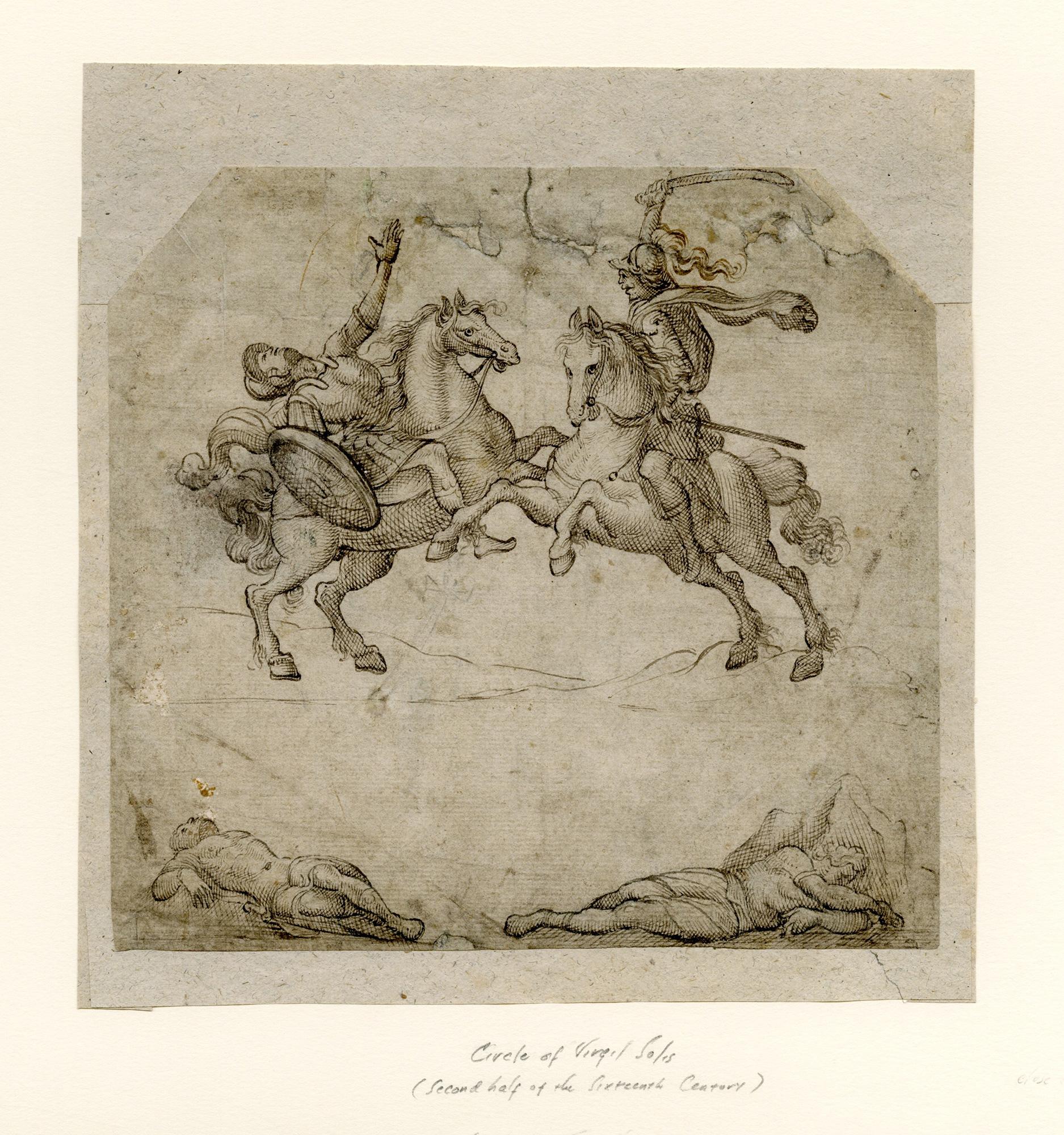 Mythological combat scene with Roman soldiers on horseback. - Art by Virgil Solis