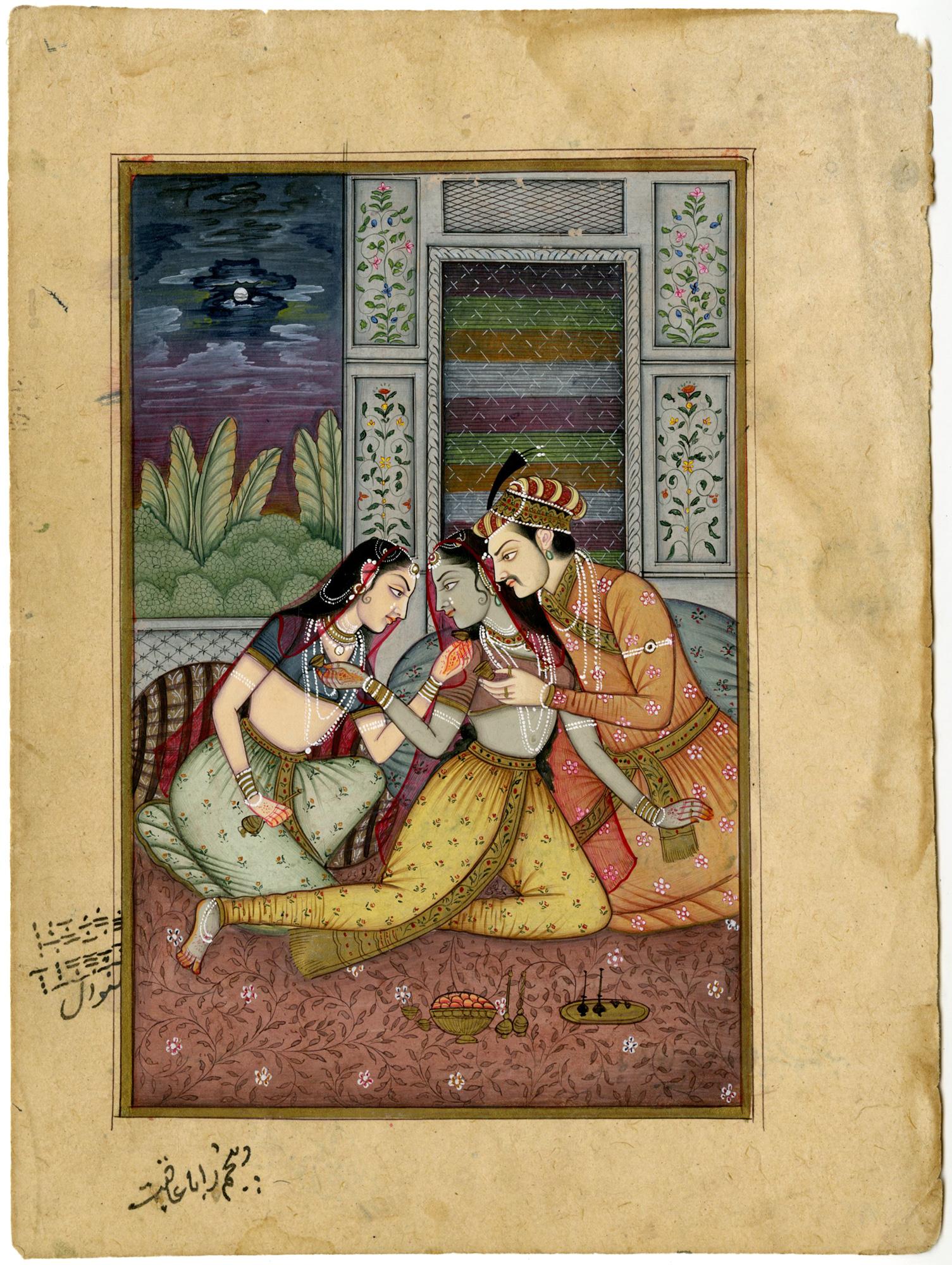 Unknown Portrait – Mogulschule, 18. Jahrhundert Kaiser Jahangir mit Kaiserin Nur Jahan und Konkubine
