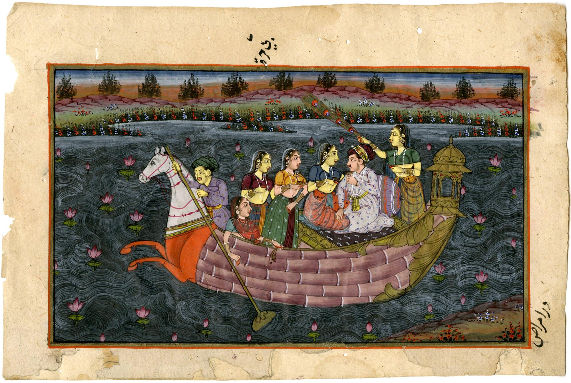 École moghol du 18e siècle, empereur Jangahir sur un bateau de plaisir avec son harem a