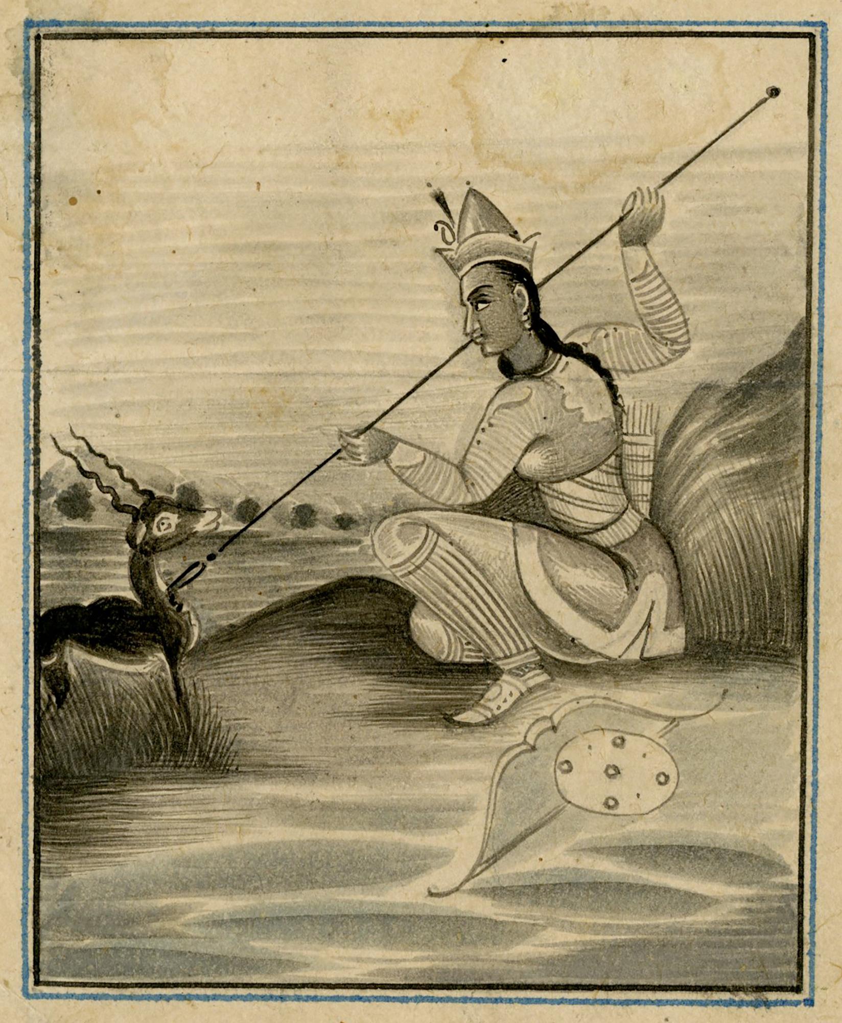 Unknown Portrait –  Mughal-Schule, Kaiserin Nur Jahan auf der Jagd auf eine indische Gazelle aus dem 19. Jahrhundert.