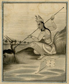 Antique  Mughal School, 19th century Empress Nur Jahan hunting an Indian Gazelle.