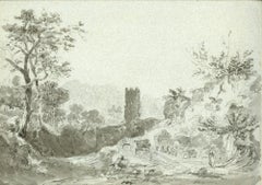 English landscape with a figure standing amidst castle ruins