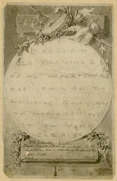 Ink and wash cartouche with a mirror, doves, and a drum