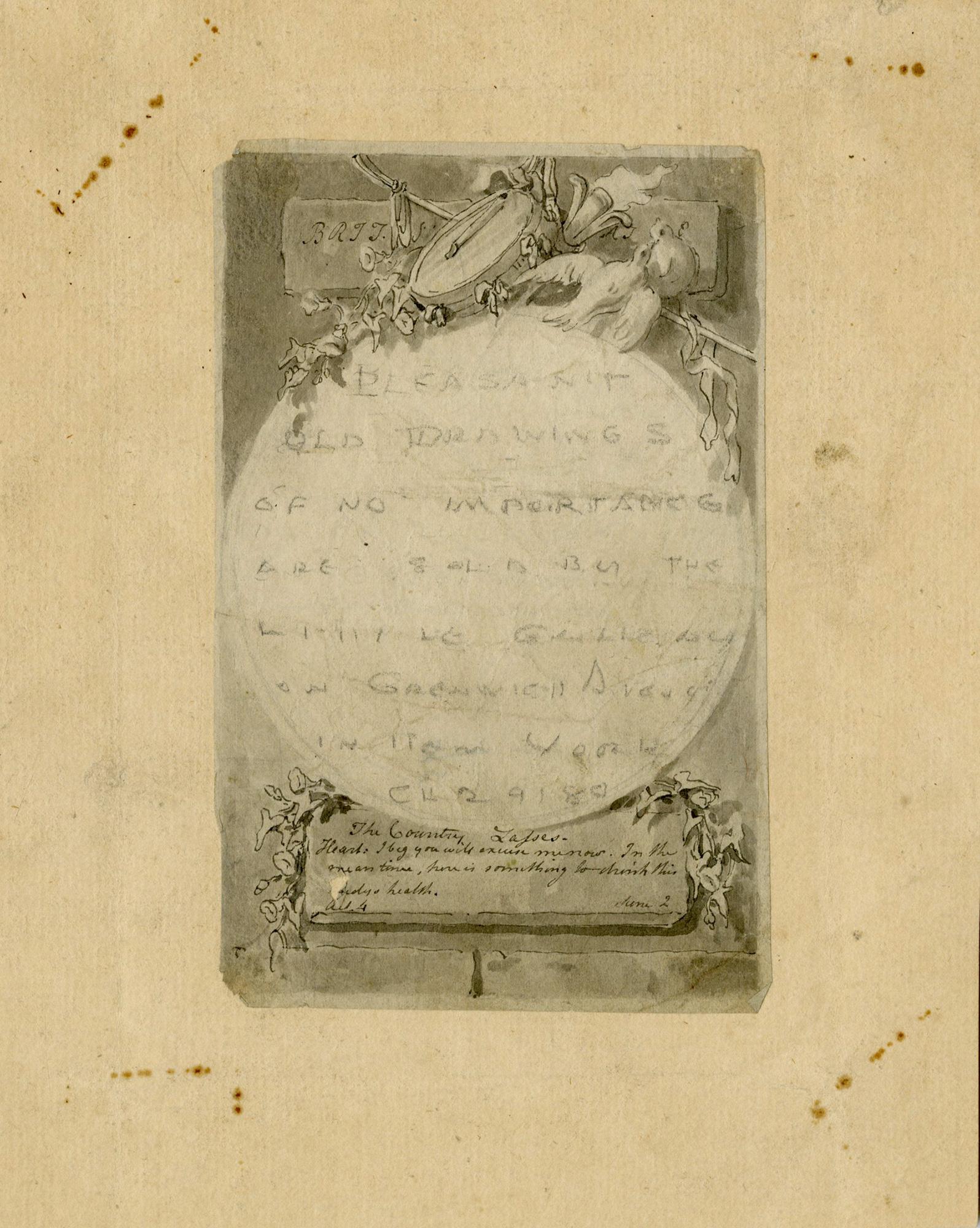 Ink and wash cartouche with a mirror, doves, and a drum - Art by Unknown