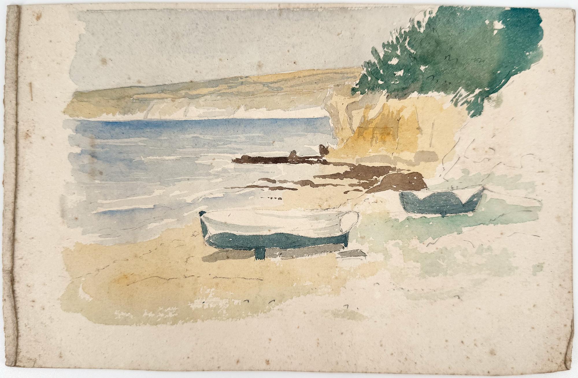 Coastline, Dorset / A plein air watercolor sketch of row boats beached along Eng