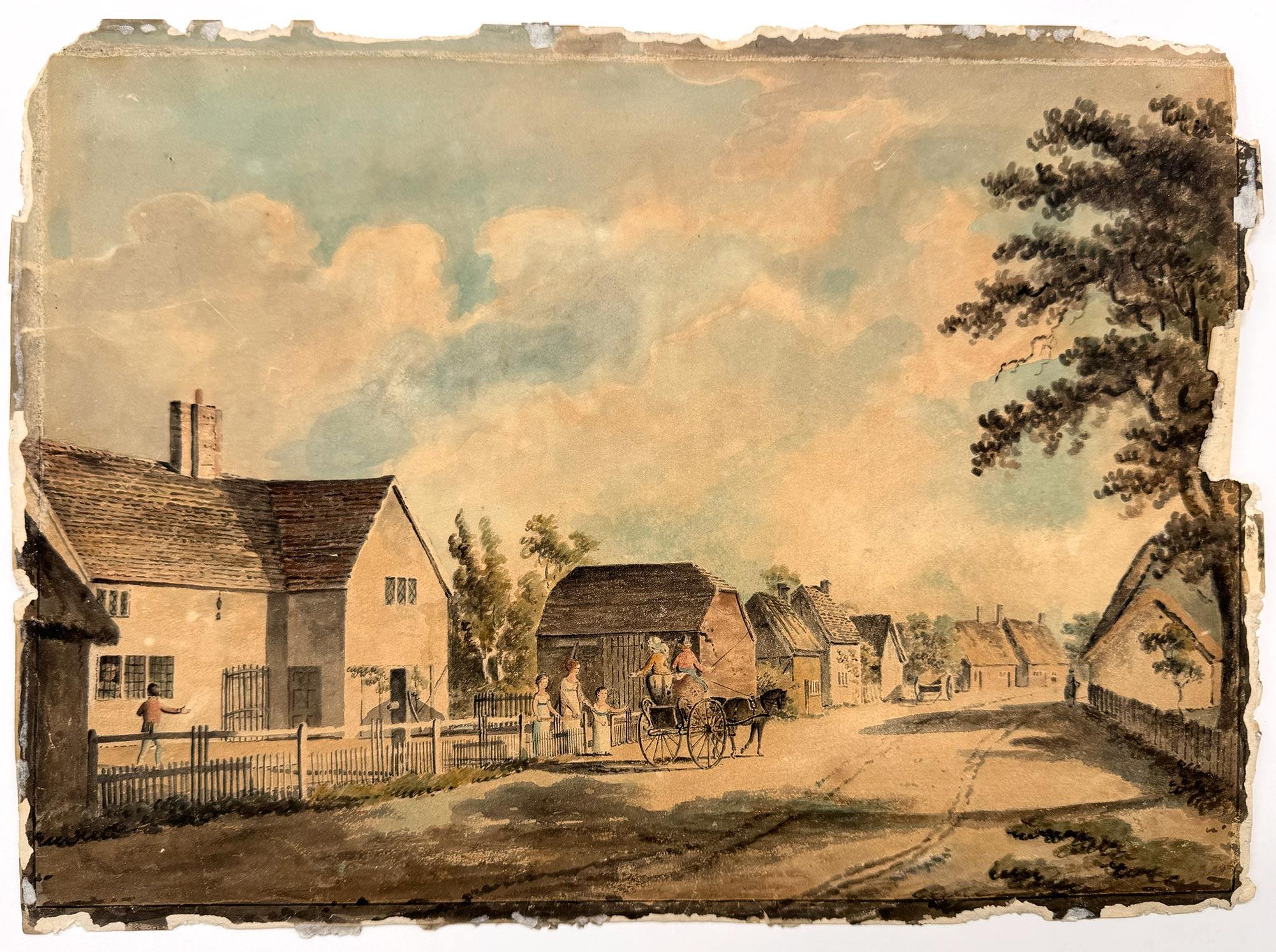 Landscape Art di Unknown - Coppia in calesse che saluta i vicini lungo una strada di campagna - English School, XIX sec.