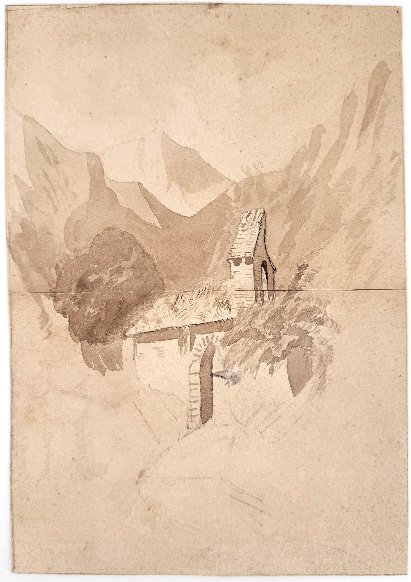 Ruinas de un molino de piedra y campanario en un valle de montaña - English School, Siglo XIX.