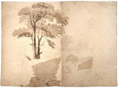 Pin italien en pierre le long d'un affleurement rocheux - English School, 19e siècle