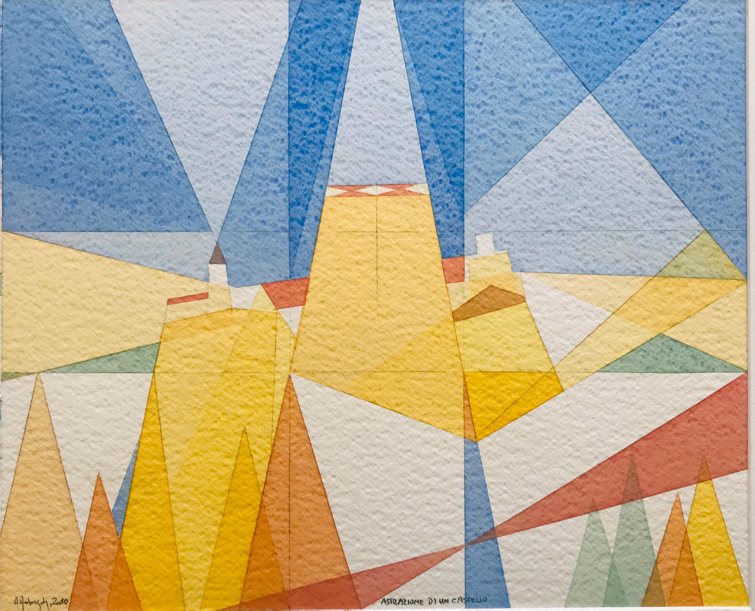 Abstraktion eines Schlosses ist ein Aquarell der zeitgenössischen Künstlerin Annemarie Ambrosoli, gemalt auf 600 g/m² Fabriano-Karton, mit den Maßen 30,5 x 37,5 cm.
Oberfläche des Kartons: grobe Körnung.
Das Bild ist Teil einer Serie von Aquarellen,