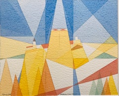 Abstrakte Abstraktion eines Schlosses von Annemarie Ambrosoli, 31x38cm, abstrakte geometrische Malerei