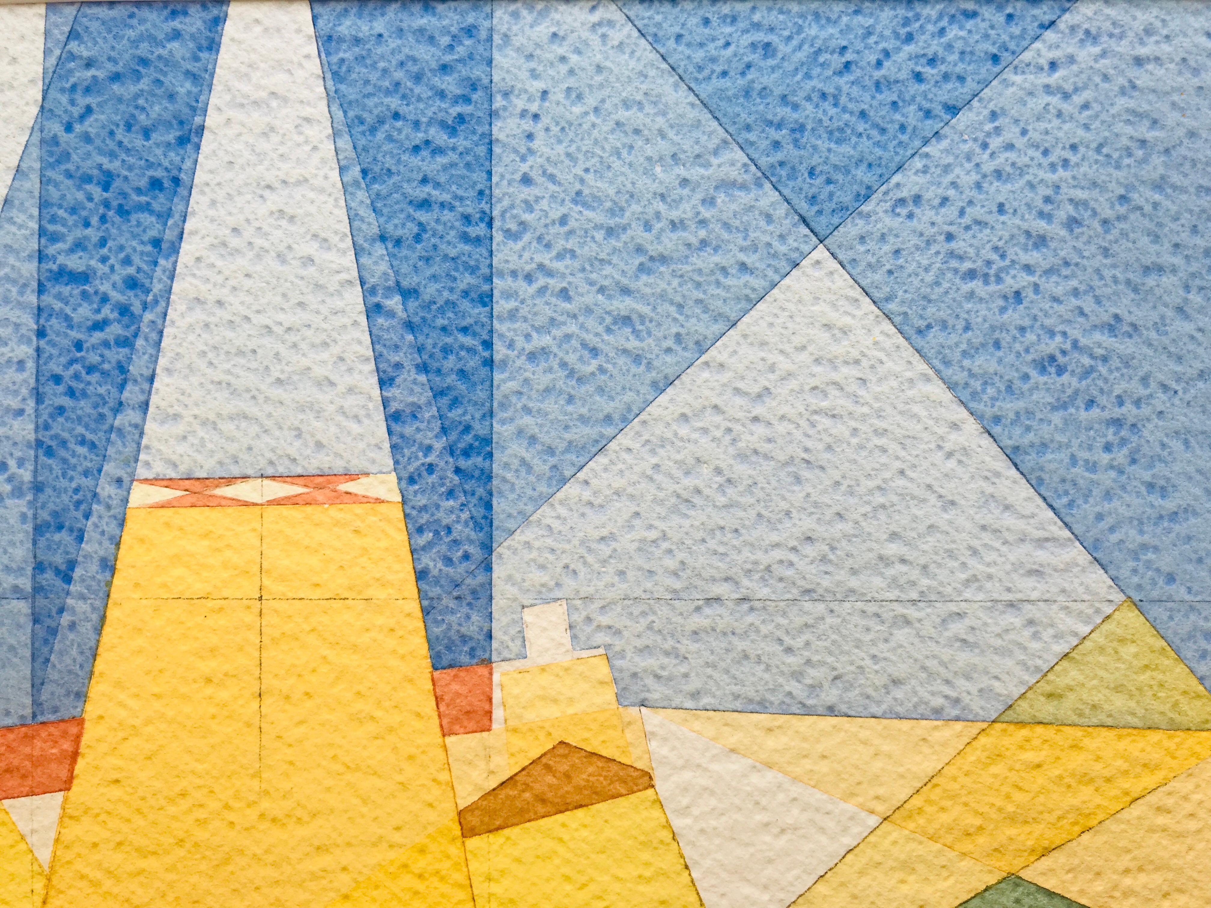 Abstrakte Abstraktion eines Schlosses von Annemarie Ambrosoli, 31x38cm, abstrakte geometrische Malerei im Angebot 1