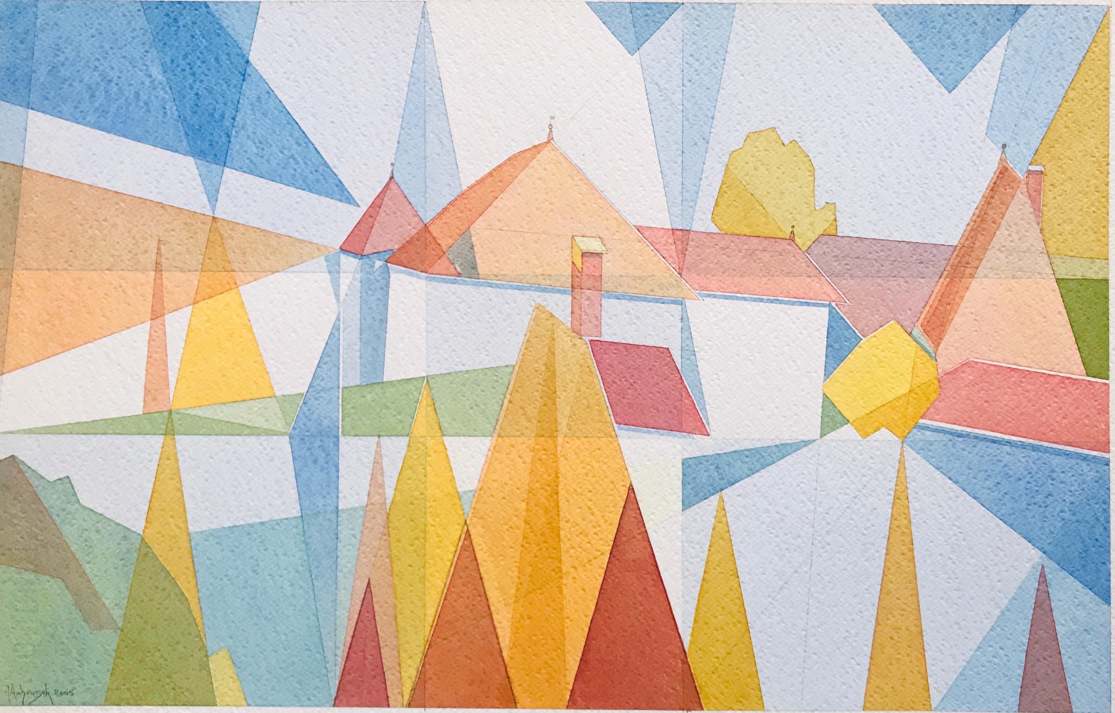 Gold und Blau von Annemarie Ambrosoli, Aquarell, 35x55cm, abstrakte geometrische Malerei