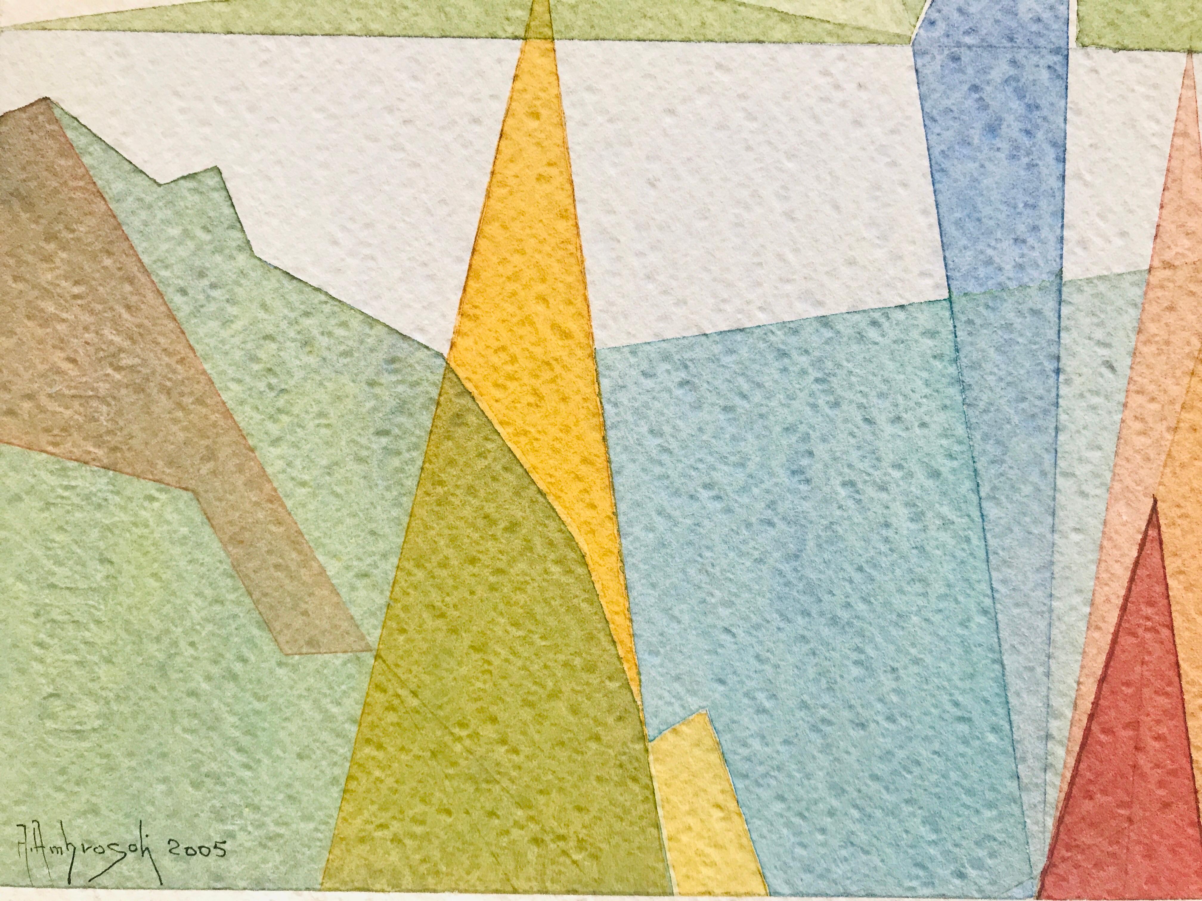 Gold und Blau von Annemarie Ambrosoli, Aquarell, 35x55cm, abstrakte geometrische Malerei im Angebot 1