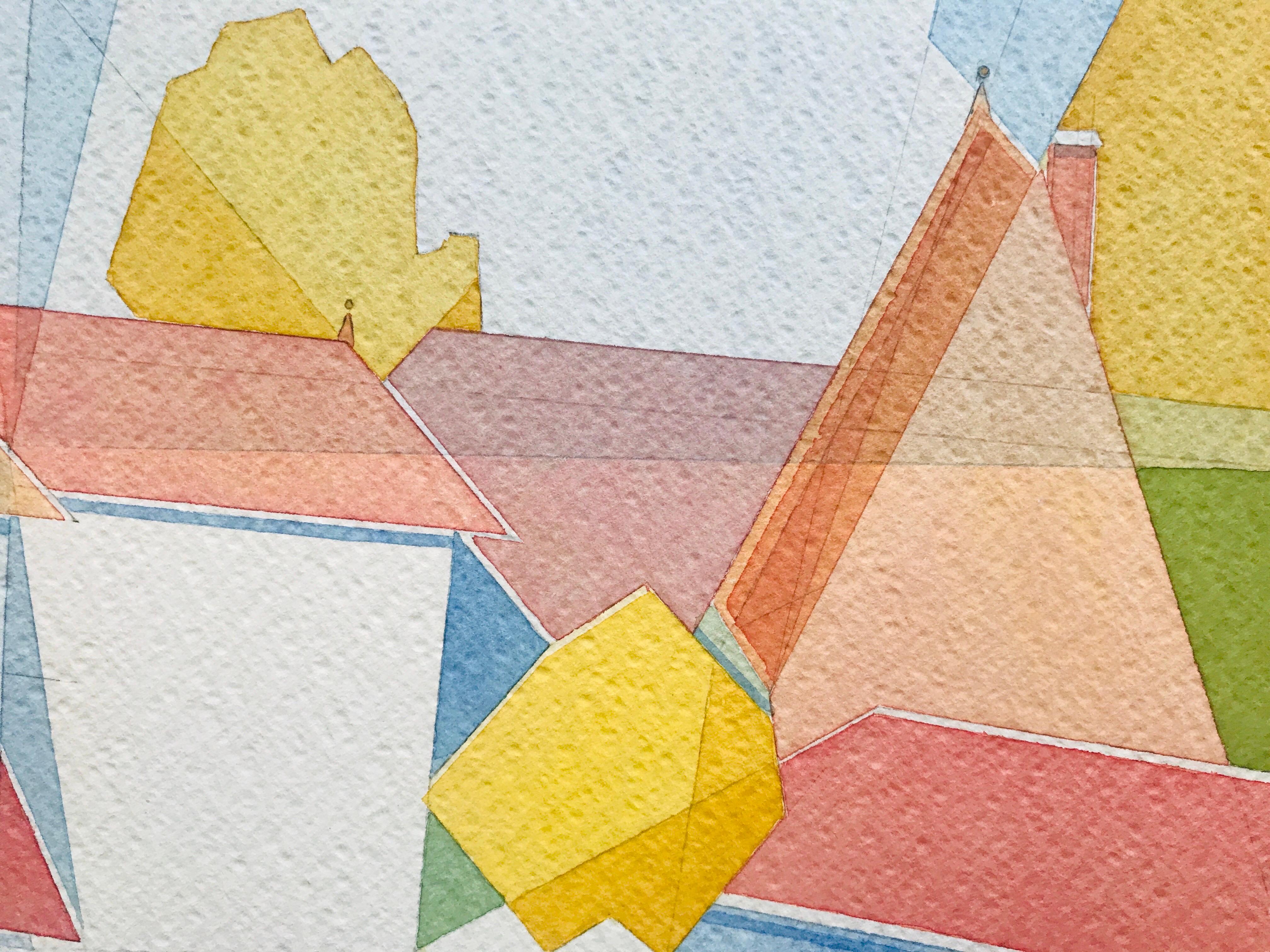 Gold and Blue by Annemarie Ambrosoli, watercolor, 35x55cm, abstract geometric For Sale 5