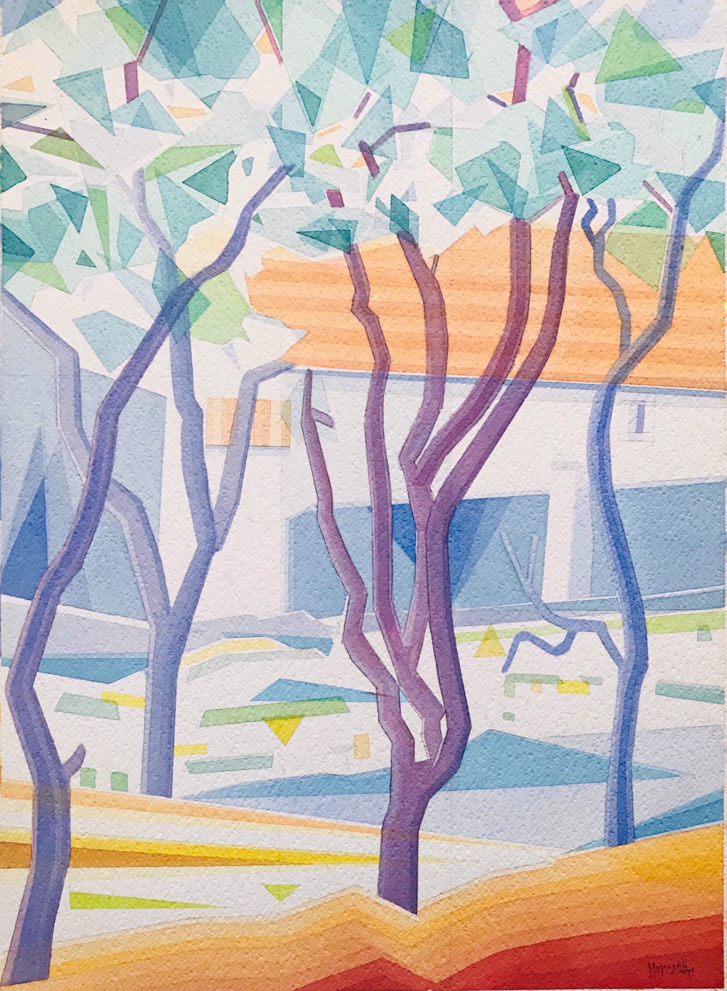 Plum Blossom Trees - Spring ist ein Aquarell der zeitgenössischen Künstlerin Annemarie Ambrosoli, gemalt auf 600 g/m² Fabriano-Karton, 58 x 42 cm groß.
Oberfläche des Kartons: grobe Körnung.
Das Bild ist Teil einer Serie von Aquarellen, die zwischen