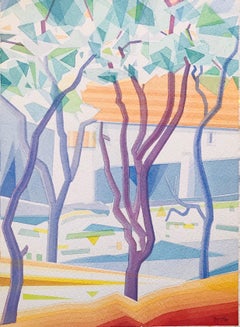 Plum Blossom Trees – Frühling von Annemarie Ambrosoli, 58x42cm, abstrakte geometrische Malerei