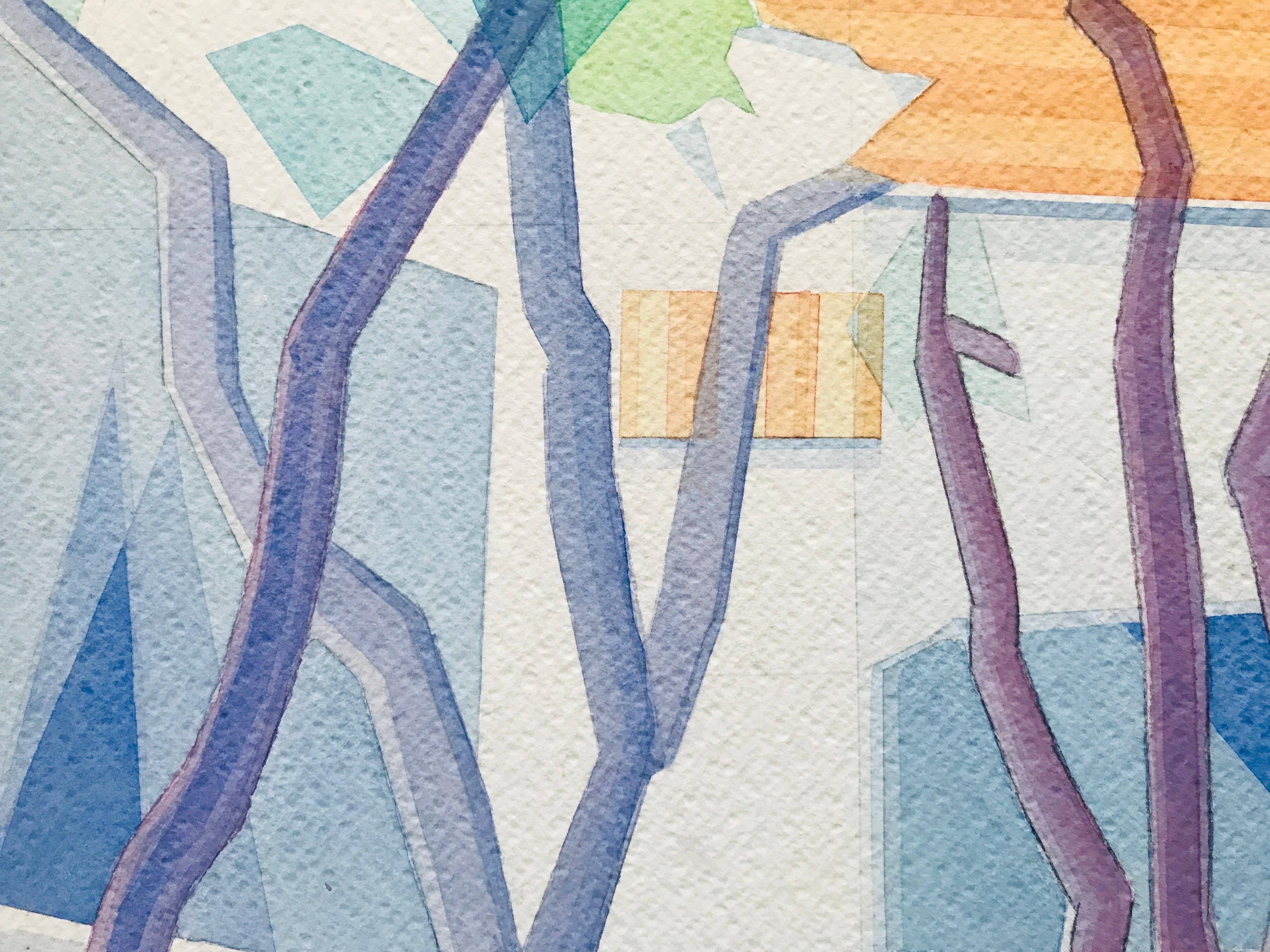 Plum Blossom Trees – Frühling von Annemarie Ambrosoli, 58x42cm, abstrakte geometrische Malerei im Angebot 2