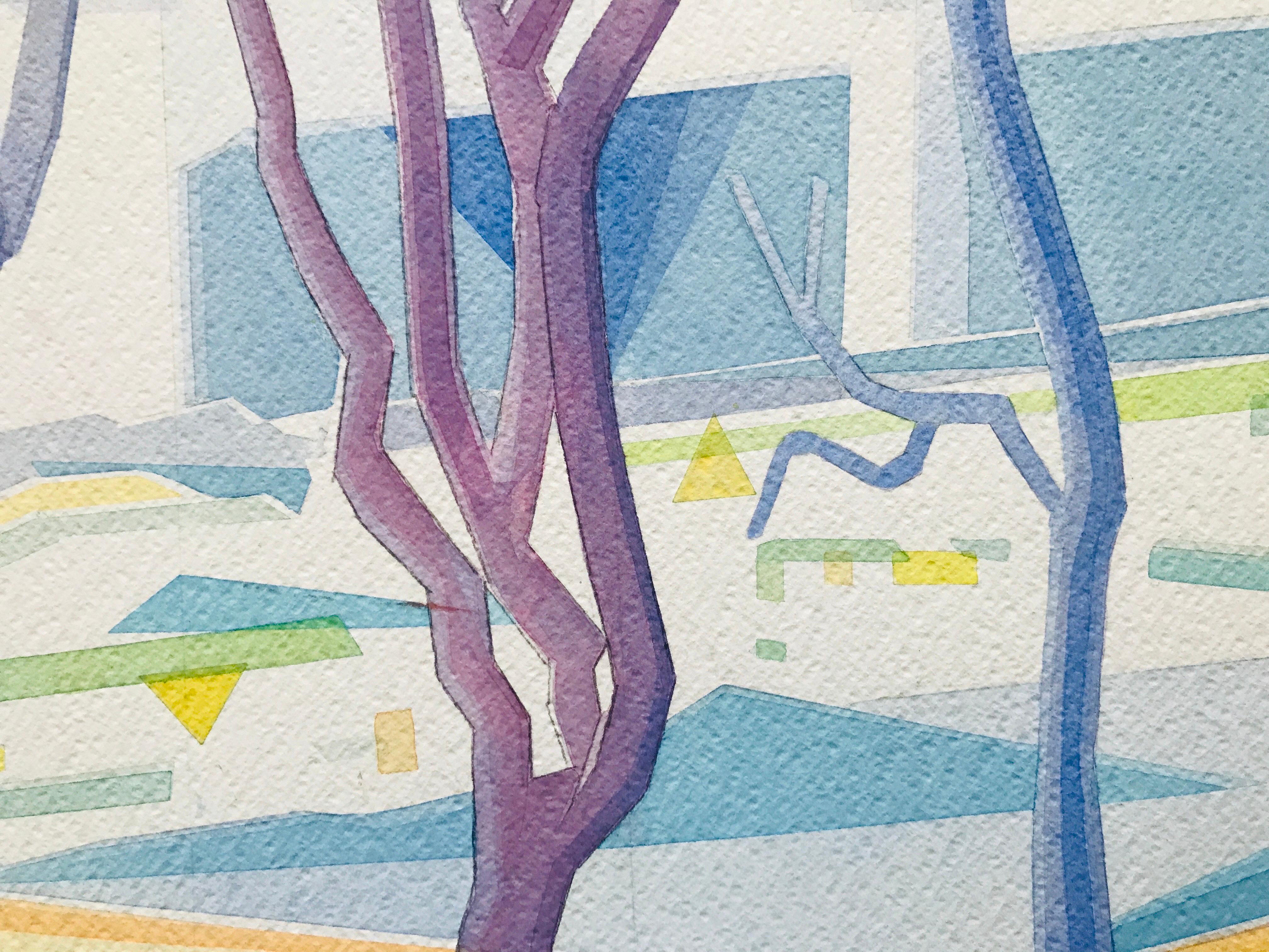 Plum Blossom Trees – Frühling von Annemarie Ambrosoli, 58x42cm, abstrakte geometrische Malerei im Angebot 3