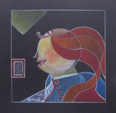 Pendentif Thinking d'Annemarie Ambrosoli, crayon de couleur 21 x 21 cm, abstrait