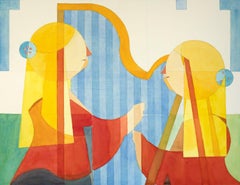 Harp Twins by Annemarie Ambrosoli Watercolor on Paper Pop Art