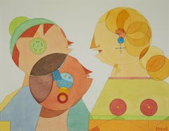 Conversation d'Annemarie Ambrosoli, aquarelle sur papier Pop Art