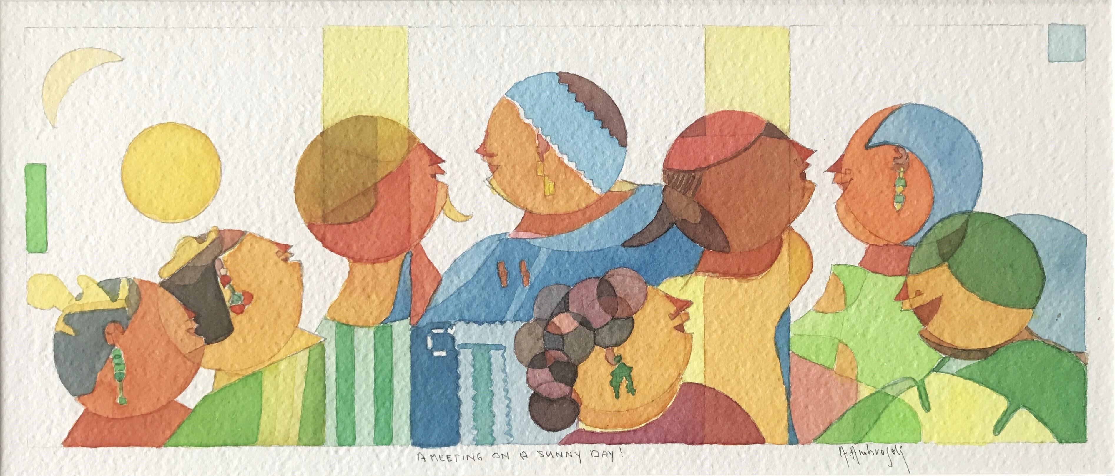 A Meeting on a Sunny Day by Annemarie Ambrosoli, Abstract Watercolor 