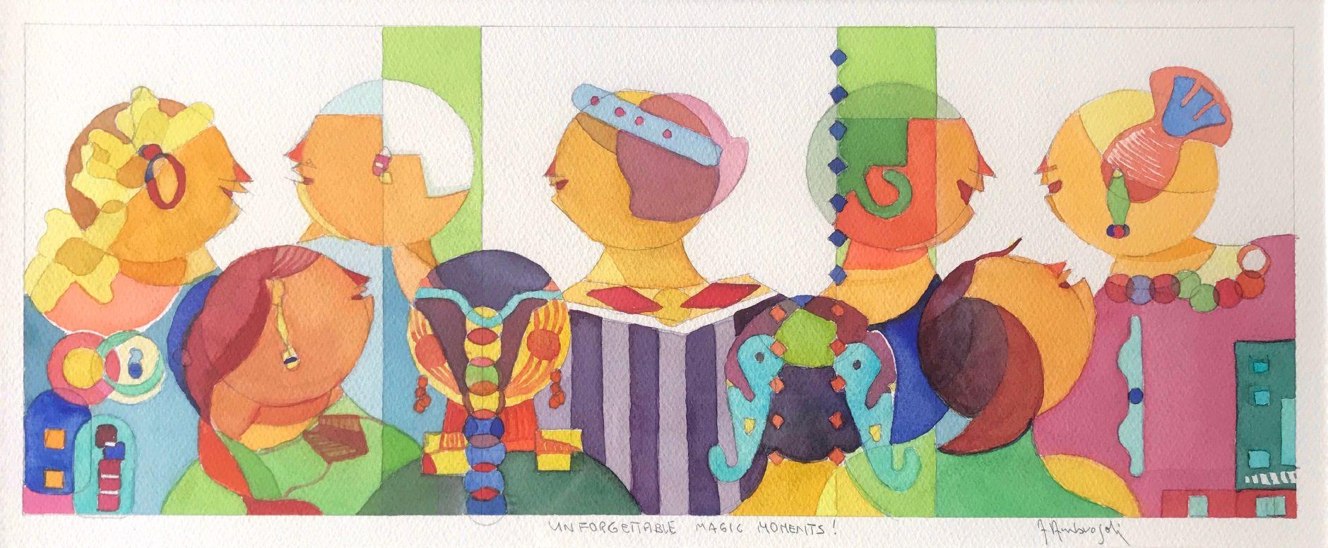 Unforgettable Magic Moments (2023), 19,5x45,5 cm, Watercolor on Paper Fabriano 600 g, by Italian contemporary artist ©Annemarie Ambrosoli (ICA, International Certified Artist)

Unforgettable Magic Moments is published in the book "Faces of Peace" by