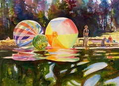 Figurative watercolor by Cameron Rudd Lake life with colorful beach balls