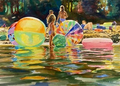 Figurative watercolor by Cameron Rudd Lake life with pastel beach balls