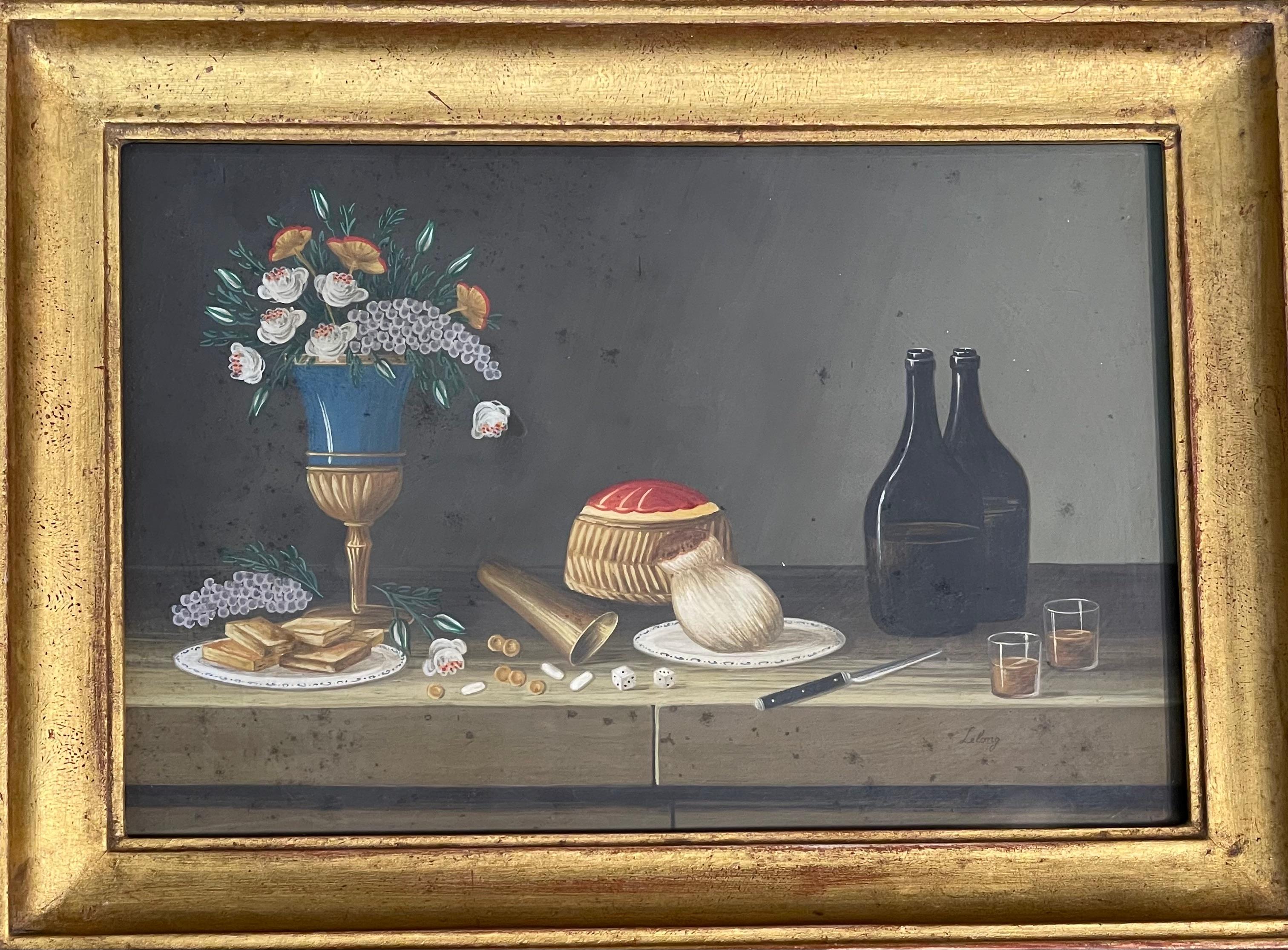 Este dibujo de Johann Rudolf Feyerabend, conocido como Lelong, es un bodegón finamente ejecutado que capta una composición rústica pero elegante. La representación detallada de los objetos -como el jarrón ornamentado con flores, la cesta con tapa