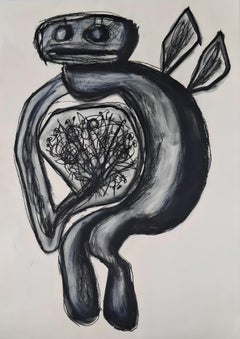 Arcano Nero con Fiori: Contemporary Charcoal and Oil Pastel Drawing