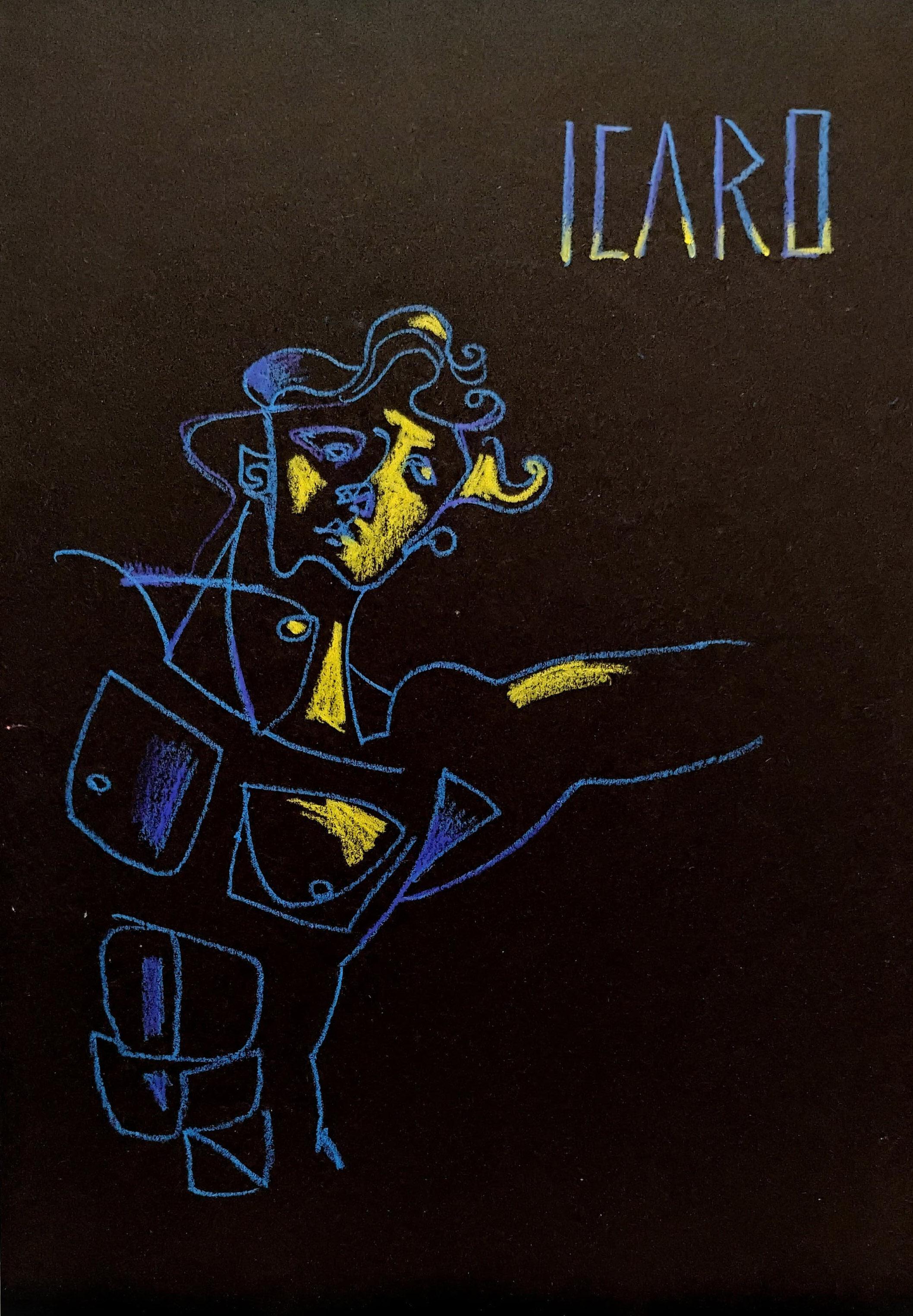 "Icarus" by Anna Pennati, pastel on black cardboard, mythology